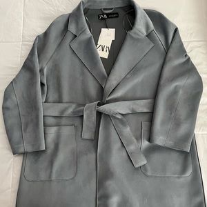 Zara faux suede stretch duster jacket - blue/grey - size medium - New with Tags